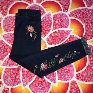Dark Wash Jeans with Floral Embroidery and Fringe